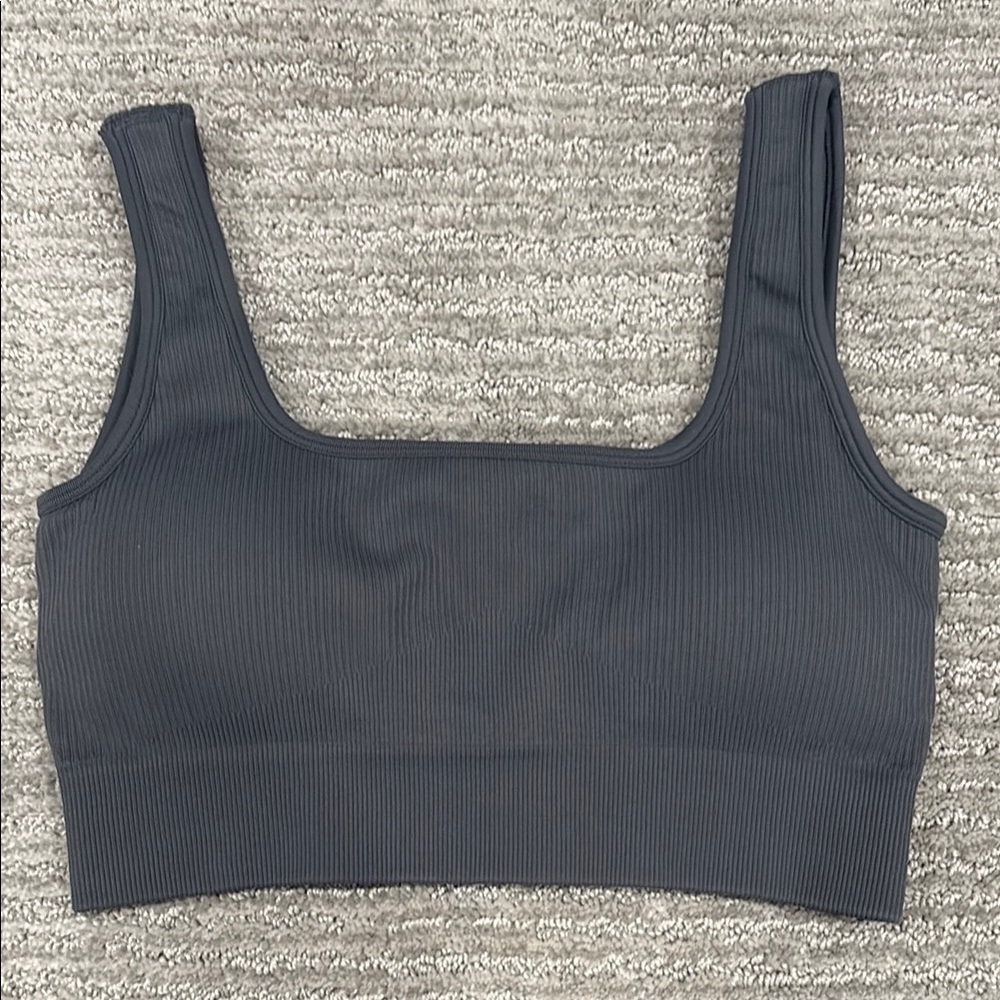 Ribbed Gray Sports Bra with Wide Straps and Square Scoop Neckline